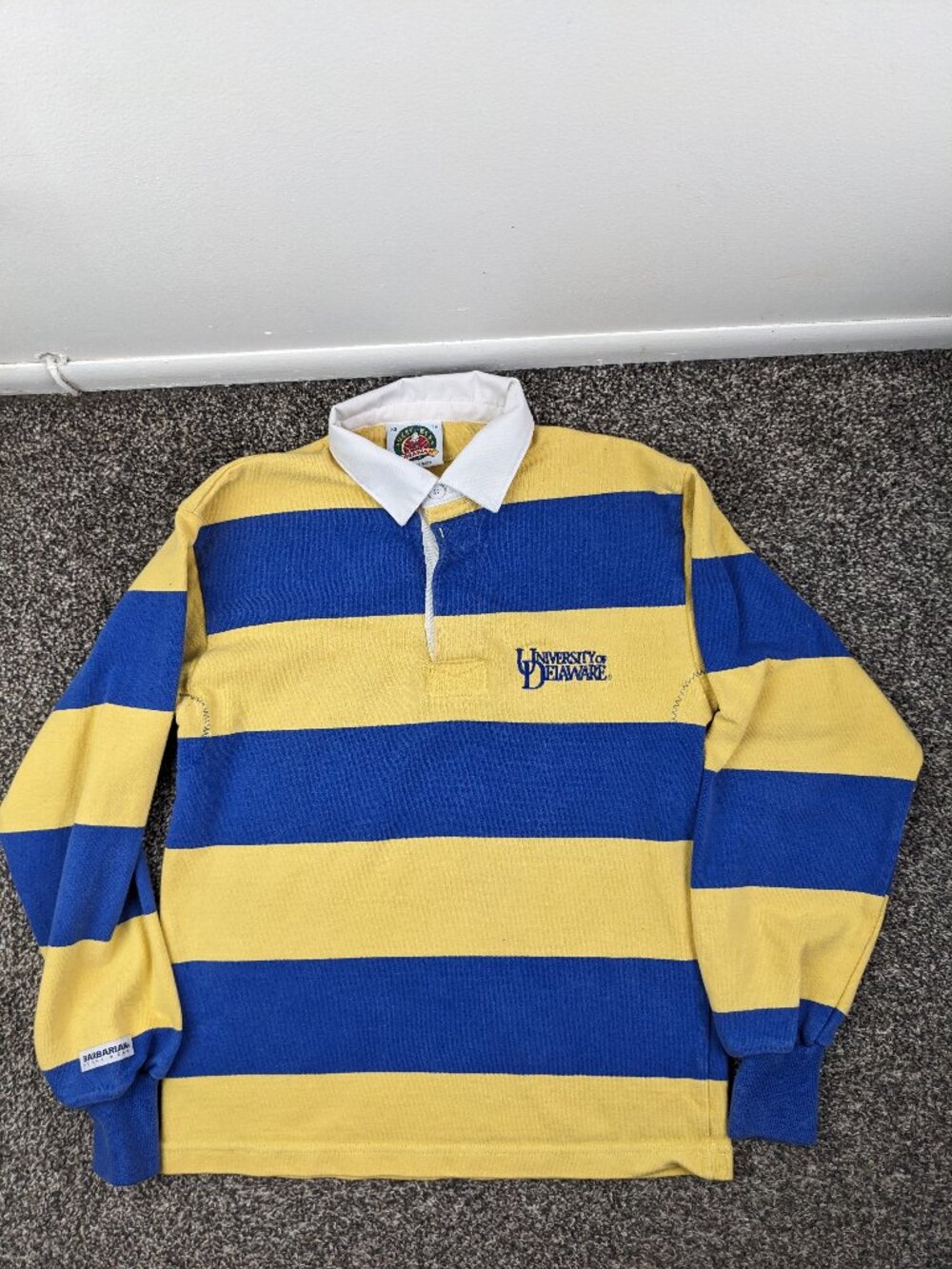 Delaware Blue Hens Shirt Barbarian Rugby Wear L/S Embroidered Striped Mens XS
